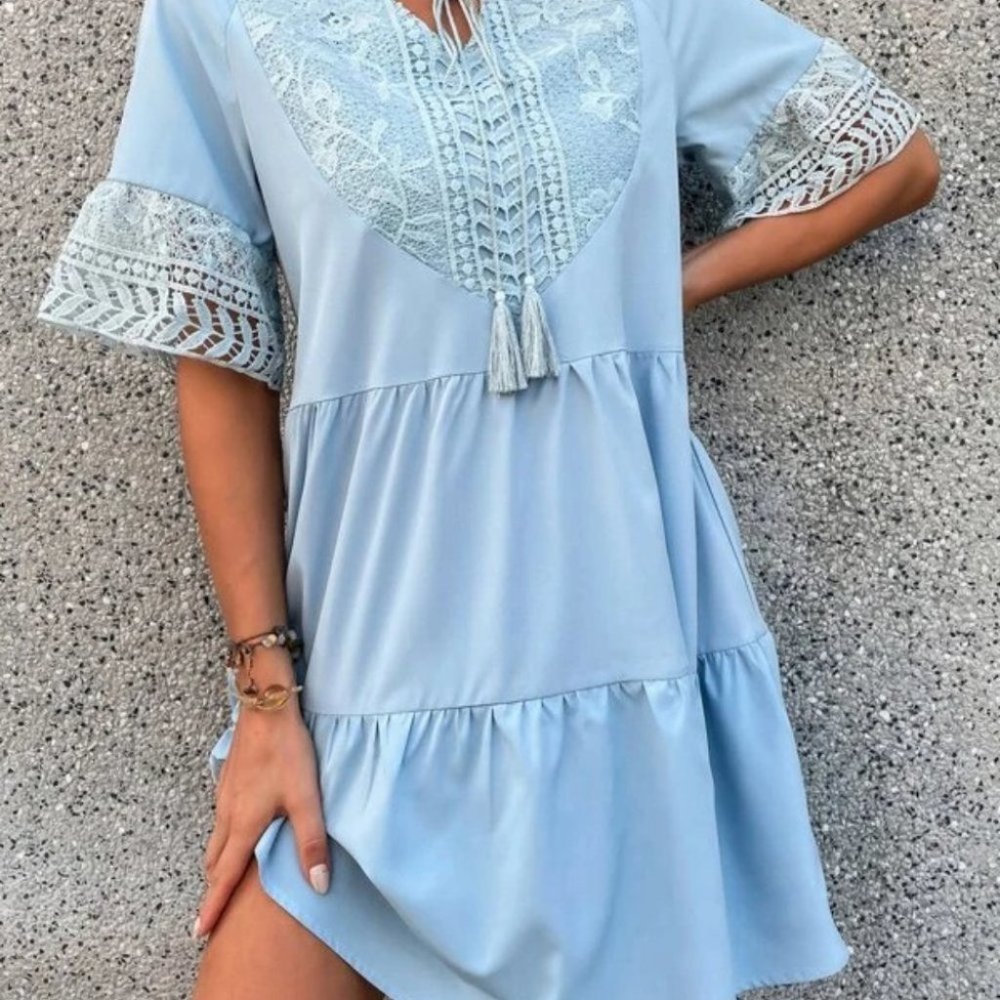 Tassel Tie Ruffle Hem lace detailed mini Dress - Picture 5 of 7